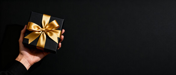 Hand presenting an elegant black gift box adorned with a shiny gold ribbon against a minimalist dark background with copy space
