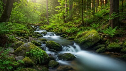 Obraz premium Long exposure shot of a serene mountain stream cascading over mossy rocks in a vibrant, sunlit green forest