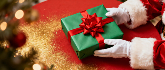 Santa claus hands holding a green gift box with red ribbon on festive table with golden glitter during christmas celebration