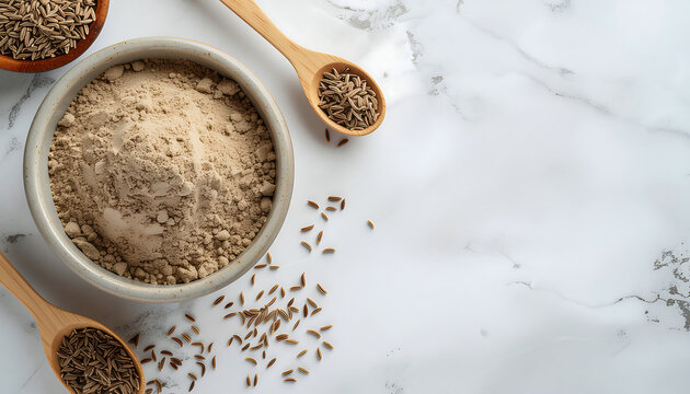 Ground cumin spice overhead in rustic kitchen