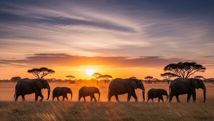 Fototapeta premium African Elephants Walking in Single File at Sunset Nature's Majesty