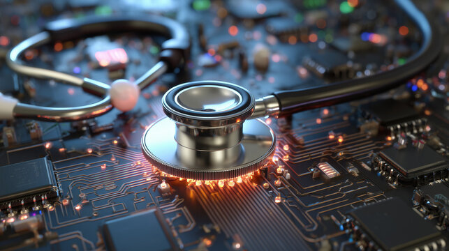 Stethoscope on circuit board healthcare technology - Powered by Adobe