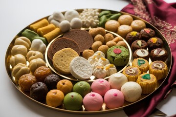 Indian sweetmeats assortment on a round platter for festive occasion