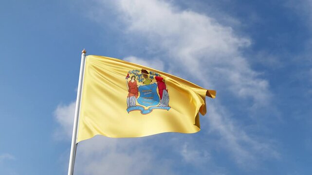 New Jersey flag 4K video, waving in the wind, american state flag on a blue sky, tall flagpole, USA, US patriotism, flag of New Jersey
