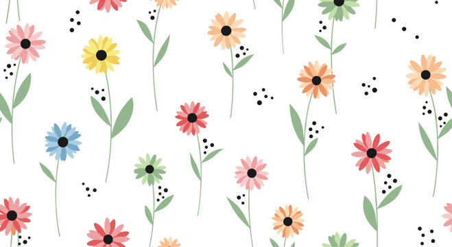 Delightful seamless floral pattern with colorful watercolor-style daisies and black dots scattered on a bright white background.