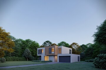 Modern modular house exterior surrounded by lush green forest at sunset