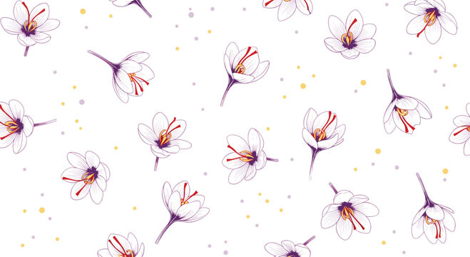 Delicate seamless pattern of hand-drawn crocus or saffron flowers with colorful dots scattered on a clean white background.