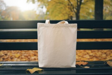 Blank canvas tote bag resting on a park bench in autumn