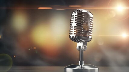 A classic microphone is illuminated by dynamic stage lights, creating an engaging musical ambiance. the scene captures the essence of live performances and audio creativity.
