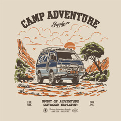 4x4 old campervan car offroad vintage illustration camp adventure desert landscape nature national park. Retro outdoor apparel design  © Nasiruddin