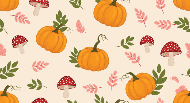 Whimsical autumn seamless pattern with orange pumpkins, red toadstool mushrooms, and colorful leaves on a light beige background.