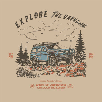 Vintage retro vector illustration old 4x4 awd car offroad adventure camp on river forest nature national park,. Retro apparel design