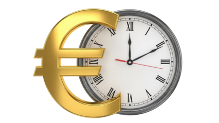 Golden euro symbol and clock isolated PNG, time is money concept for finance, investment, and business planning on transparent background