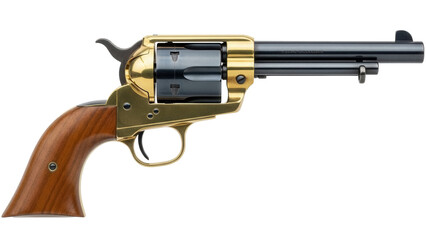 Classic single action revolver PNG isolated on transparent background, vintage firearm with wooden grip and golden frame, western style gun
