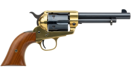 Classic single action revolver PNG isolated on transparent background, vintage firearm with wooden grip and golden frame, western style gun
