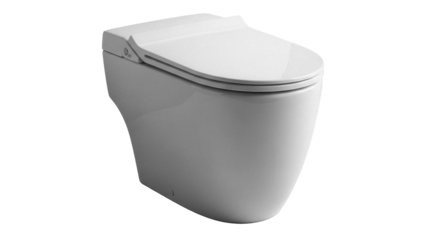 Modern white toilet isolated PNG on transparent background, contemporary bathroom fixture for home renovation and interior design projects