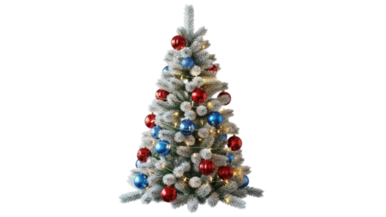 Flocked Christmas tree with red and blue ornaments isolated PNG, festive holiday decoration on transparent background