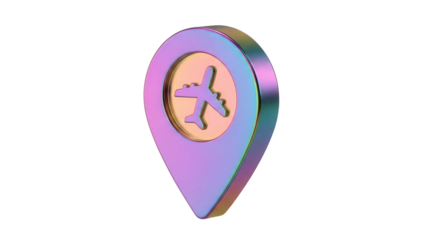 Iridescent airport location pin PNG isolated on transparent background, travel destination marker for maps and navigation apps