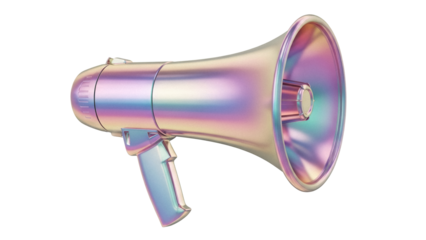 Iridescent megaphone isolated PNG on transparent background, holographic bullhorn for announcements and promotions, shiny rainbow loudspeaker
