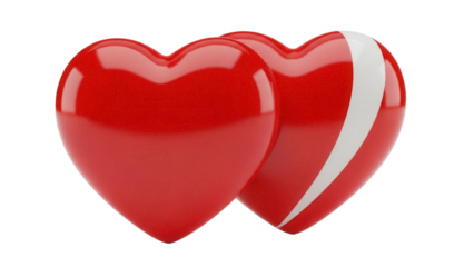 Two glossy red hearts PNG isolated on transparent background, love and romance concept for Valentine s Day and romantic designs