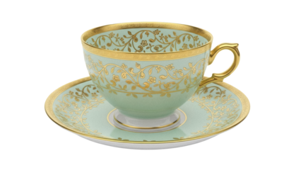 Elegant mint green teacup and saucer with gold floral design isolated PNG, vintage porcelain tableware on transparent background