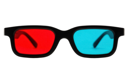 Red and cyan 3D glasses isolated PNG on transparent background, anaglyph glasses for watching movies and playing video games