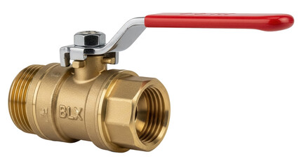 Brass ball valve with red handle isolated PNG, plumbing fixture for water control and shutoff on transparent background