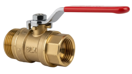Brass ball valve with red handle isolated PNG, plumbing fixture for water control and shutoff on transparent background