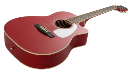 Red acoustic guitar isolated PNG, musical instrument for music lovers and guitarists on transparent background
