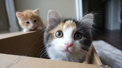 Playful Kittens Exploring a Cardboard Box with Curious Expressions and Soft Fur in a Cozy Indoor Setting