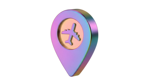 Iridescent airport location pin PNG isolated on transparent background, travel destination marker for maps and navigation apps - Powered by Adobe