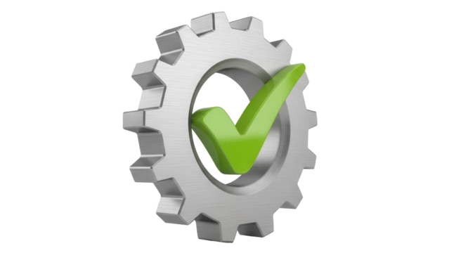 Green check mark inside a silver gear isolated PNG, symbol of approval and quality control for engineering and manufacturing