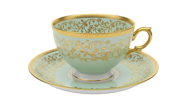 Elegant mint green teacup and saucer with gold floral design isolated PNG, vintage porcelain tableware on transparent background - Powered by Adobe