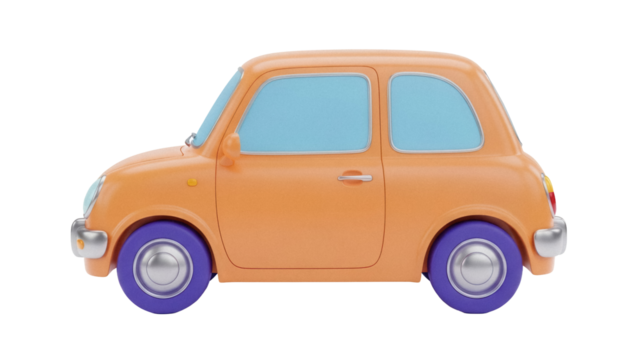 Orange cartoon car PNG isolated on transparent background, cute vehicle with blue windows and tires for kids design and transportation themes