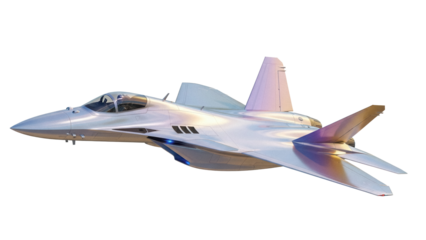 Futuristic silver fighter jet PNG isolated on transparent background, advanced military aircraft for aerospace and defense concepts