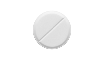 Round white pill with score isolated PNG, medication tablet for health and pharmaceutical use on transparent background