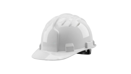 Shiny white hard hat isolated PNG on transparent background, construction safety helmet for industrial work and personal protection