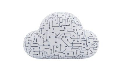 Cloud computing concept PNG isolated on transparent background, digital technology with circuit board pattern for data storage and network solutions