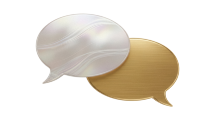 Two overlapping speech bubbles PNG isolated on transparent background, communication concept with gold and pearl colors for design projects