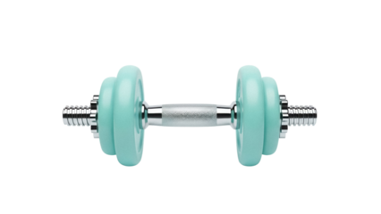 Light blue dumbbell isolated PNG on transparent background, fitness equipment for strength training and exercise, weightlifting tool