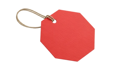 Red octagonal tag with string isolated PNG, blank price label for retail sales and product marketing on transparent background