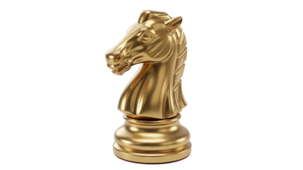 Golden knight chess piece isolated PNG, shiny metallic horse head figurine for board game and strategy concepts