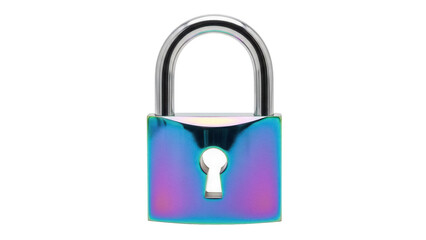 Iridescent padlock isolated PNG on transparent background, security lock with a colorful metallic finish for graphic design