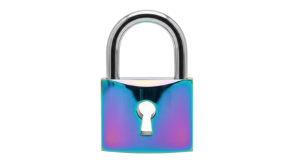 Iridescent padlock isolated PNG on transparent background, security lock with a colorful metallic finish for graphic design