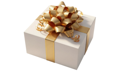 Elegant gift box with golden ribbon and bow isolated PNG, present for special occasions and celebrations on transparent background