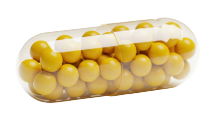 Yellow capsule with small round balls inside isolated PNG on transparent background, medicine supplement for health and wellness concept