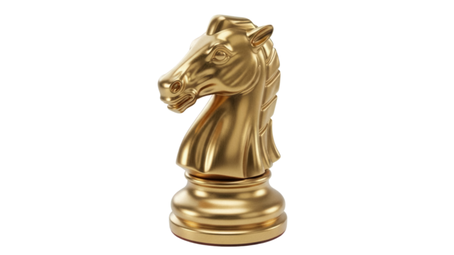Golden knight chess piece isolated PNG, shiny metallic horse head figurine for board game and strategy concepts