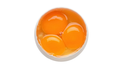 Three egg yolks in a cracked eggshell isolated PNG, multiple yolks from one egg on transparent background, rare occurrence