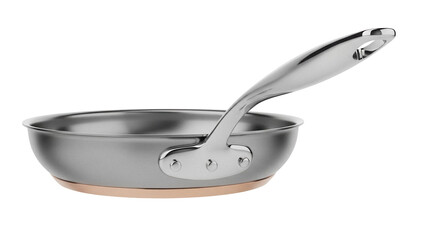 Stainless steel frying pan with copper base isolated PNG, cookware for cooking and food preparation on transparent background