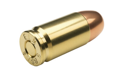 Gold 9mm bullet isolated PNG, ammunition for handgun or pistol with copper jacket on transparent background